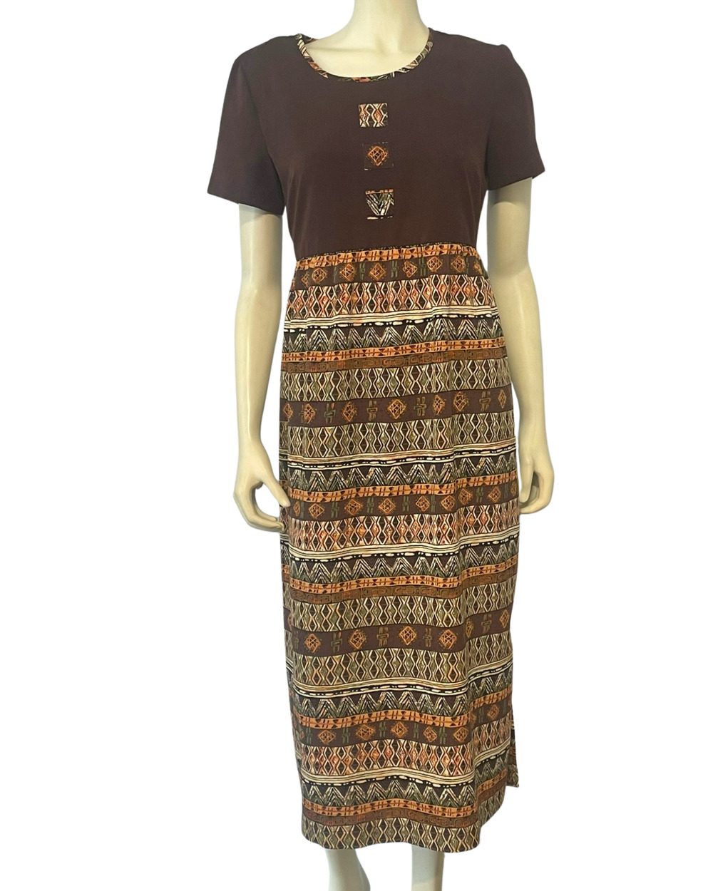 Halmode Petites Sz 8P Maxi Dress Patchwork Tribal Print Skirt Brown Bodice Boho